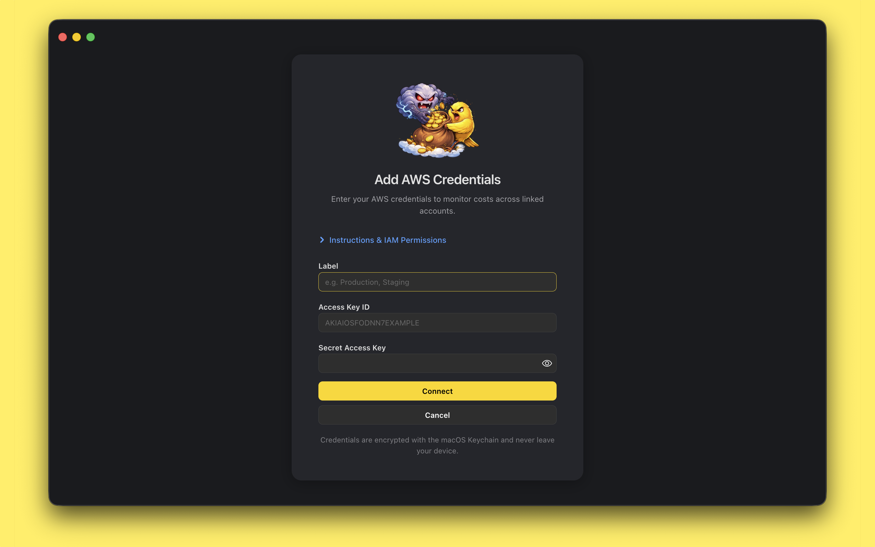 Add AWS credentials form with setup guide